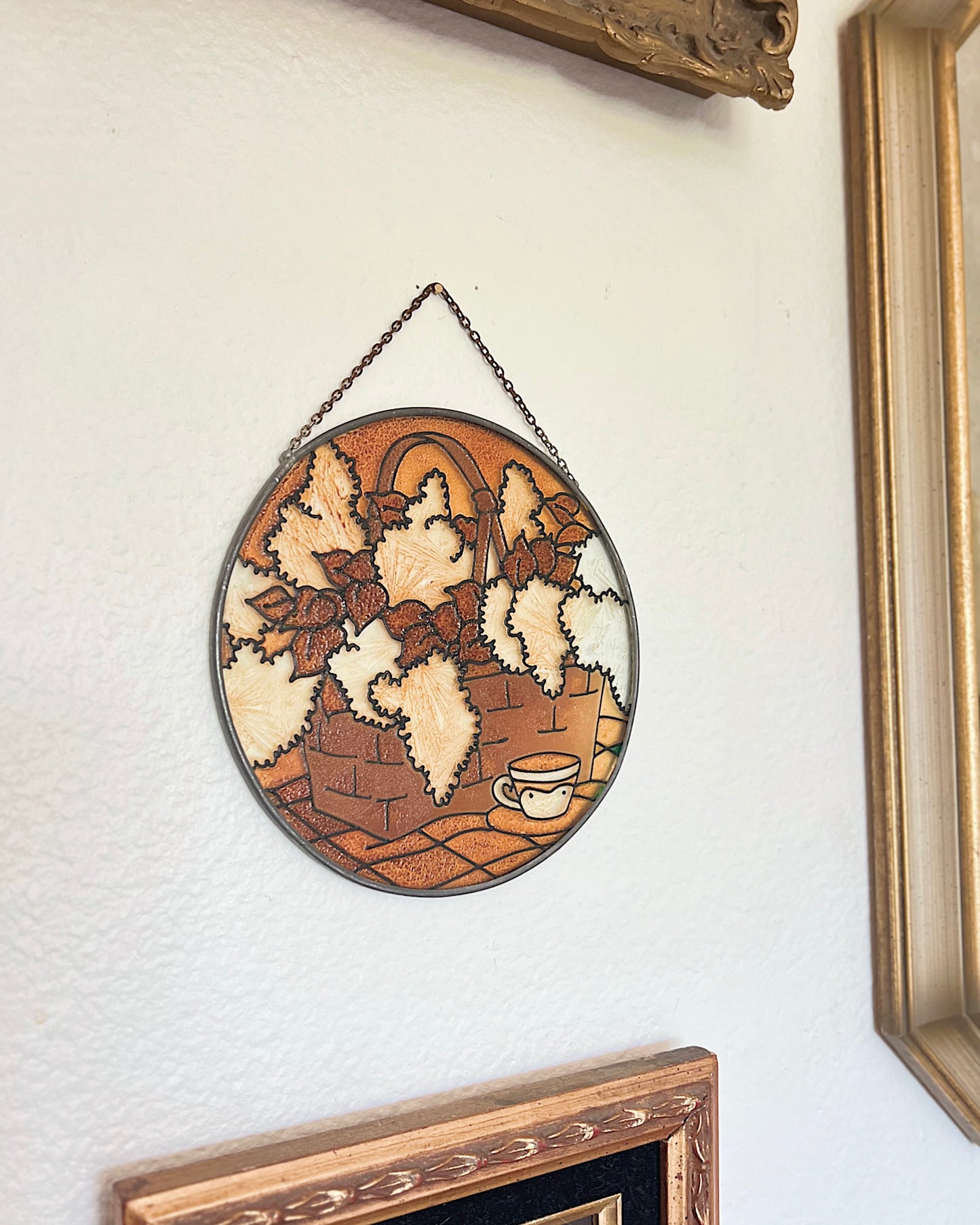 Amber Stained Glass Window Hanging Featuring Basket with Tea Cup