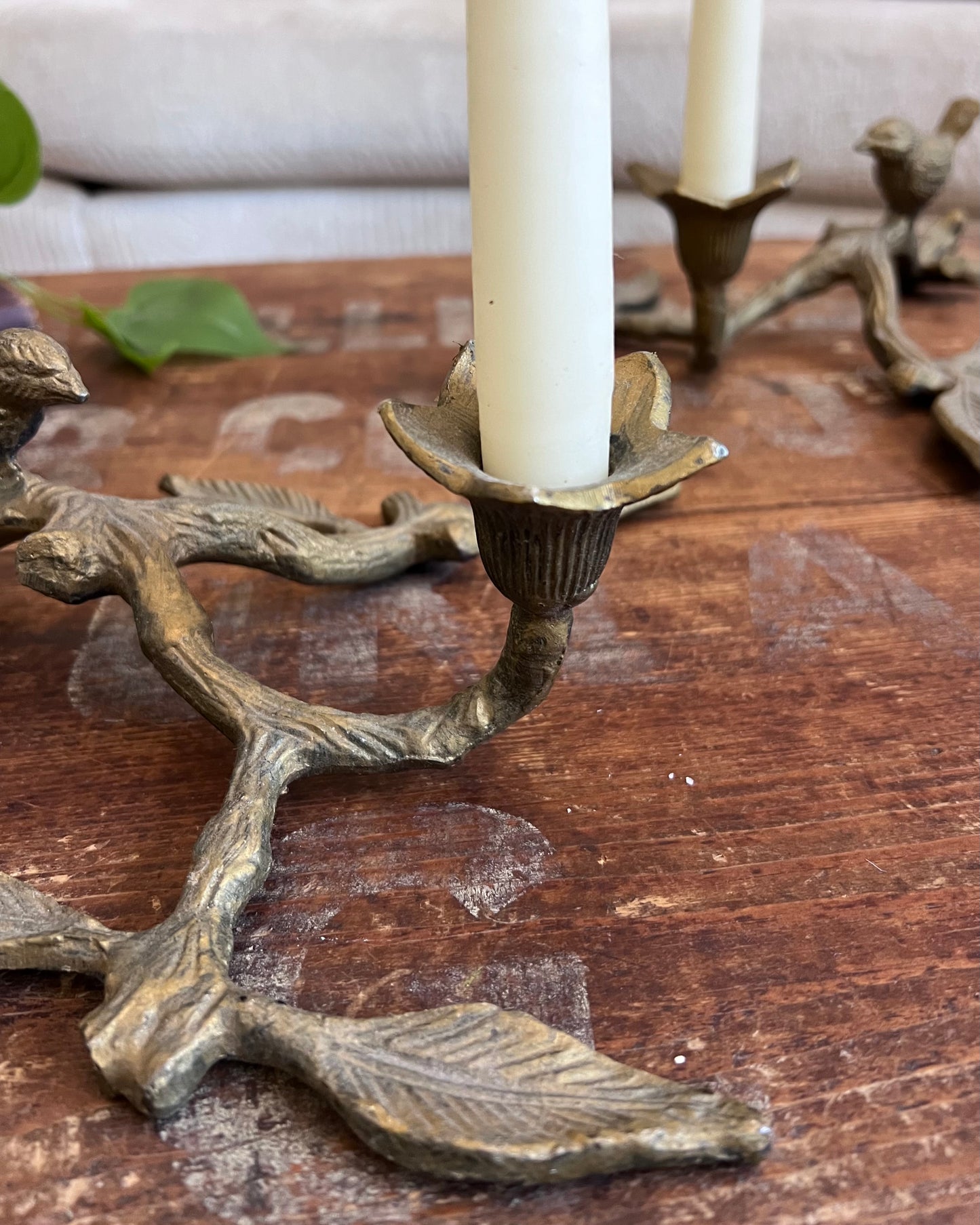 Pair of Brass Bird and Flower Taper Candle Holders