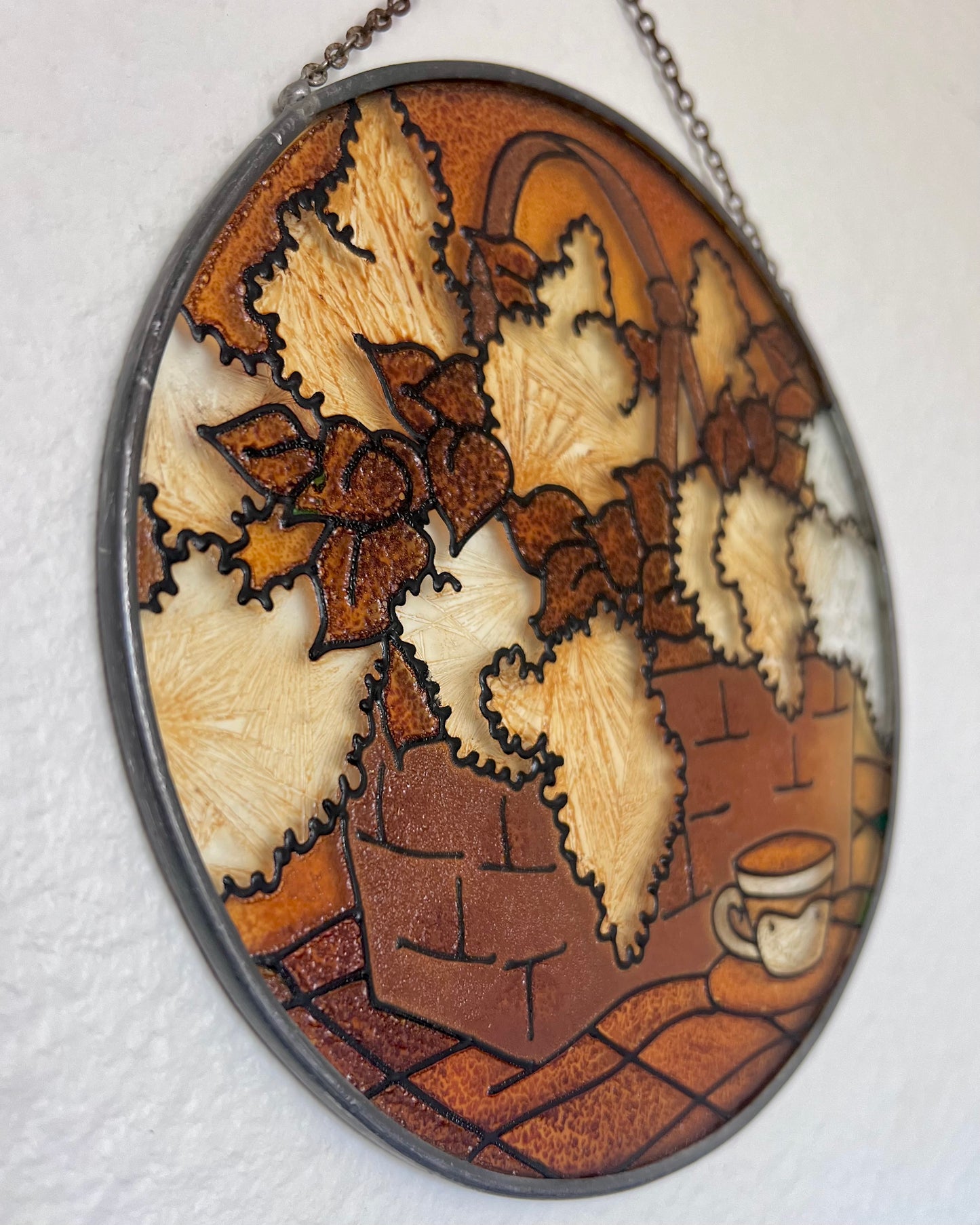 Amber Stained Glass Window Hanging Featuring Basket with Tea Cup