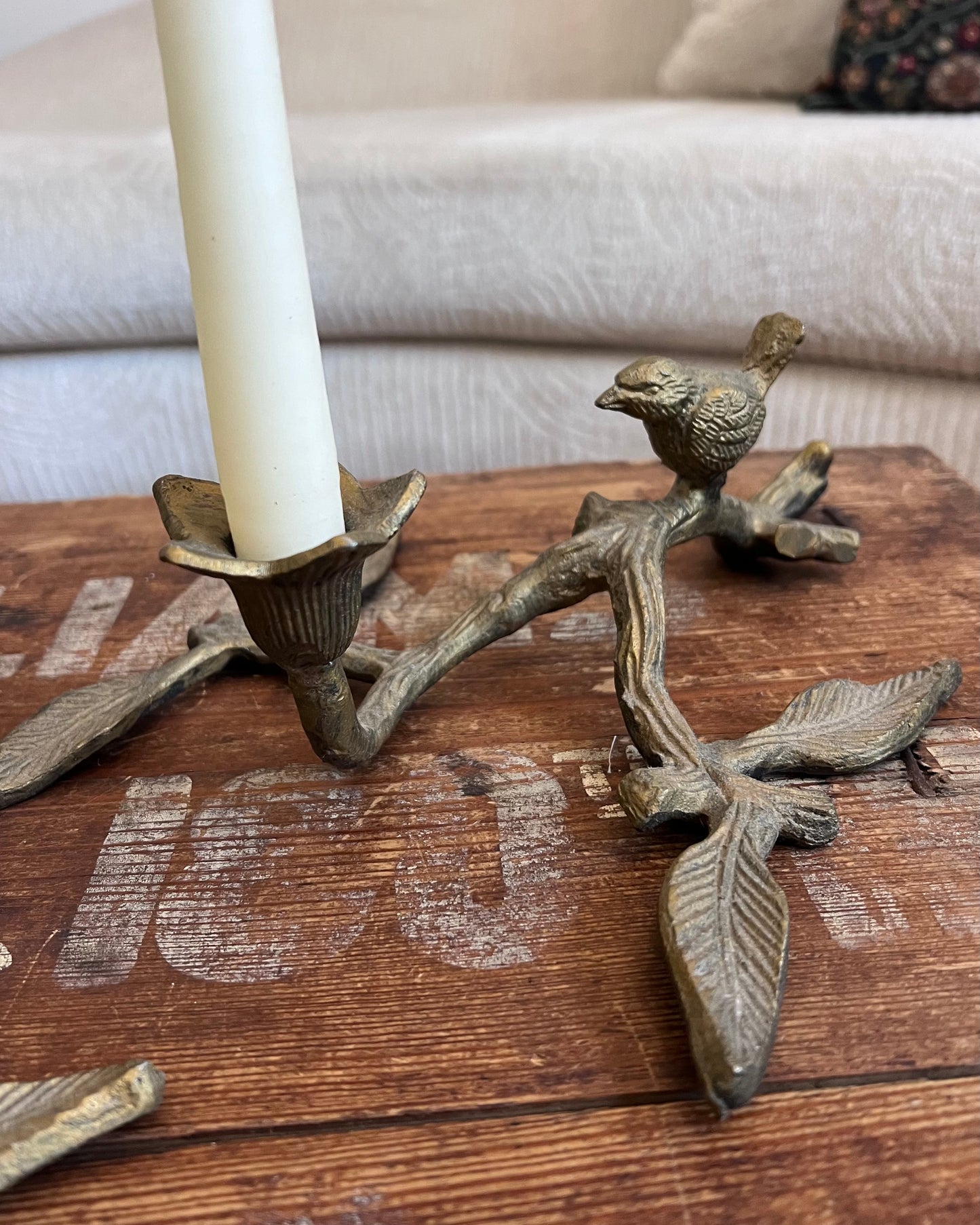 Pair of Brass Bird and Flower Taper Candle Holders