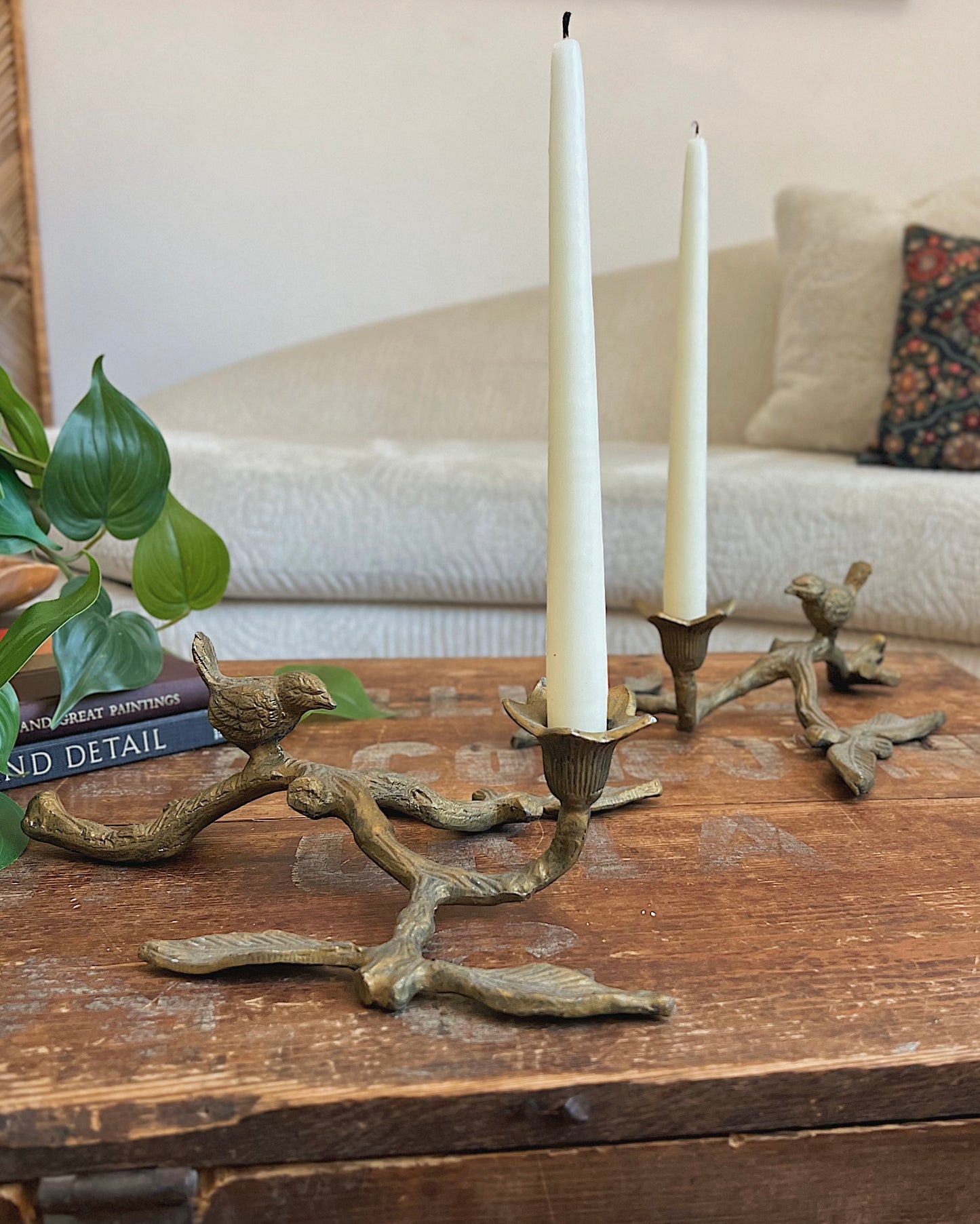 Pair of Brass Bird and Flower Taper Candle Holders