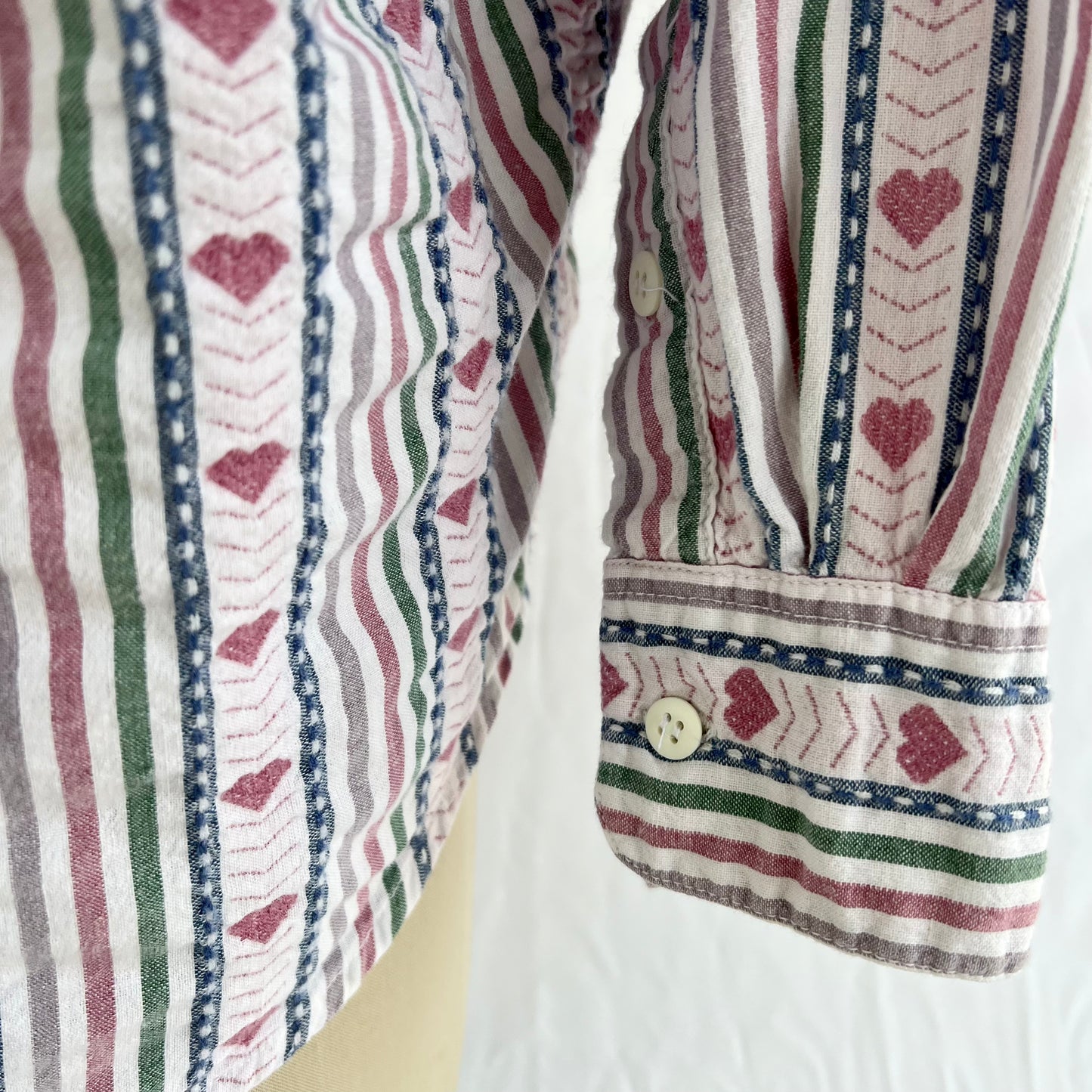 Playful 90's Striped and Heart Print Long Sleeve Button-Down Shirt by Krazy Kat