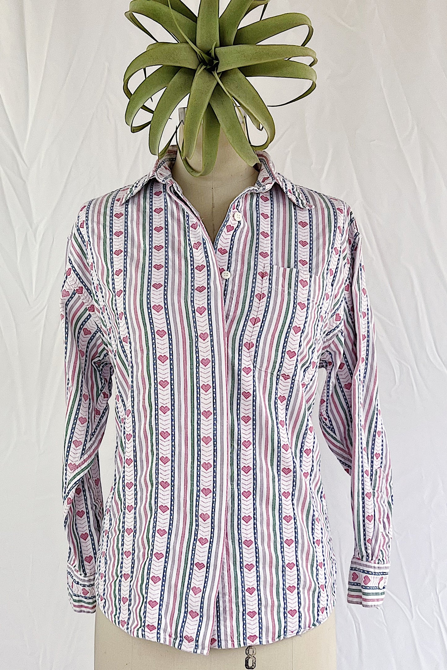 Playful 90's Striped and Heart Print Long Sleeve Button-Down Shirt by Krazy Kat