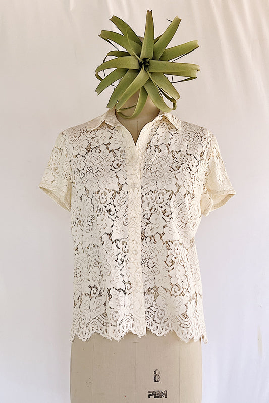 Lace Structured Button Down Short Sleeve Top