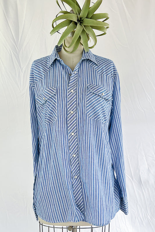 Classic Blue Striped Long Sleeve Pearl Snap Shirt with Point Collar