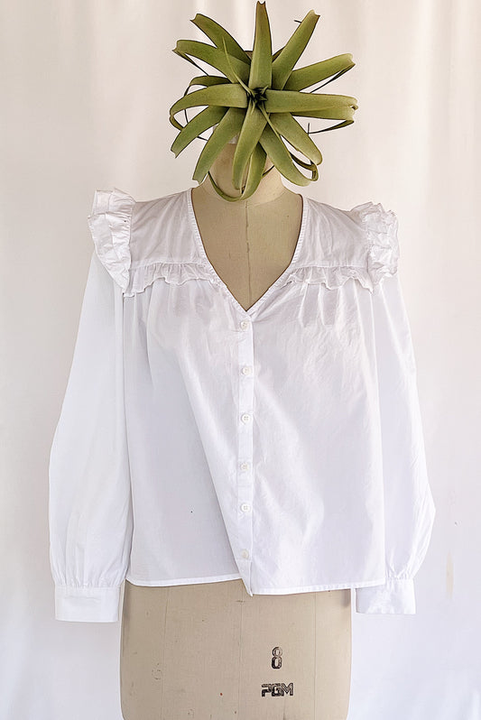 Pomander Place 100% Cotton Ruffled Shoulder Button Down Blouse