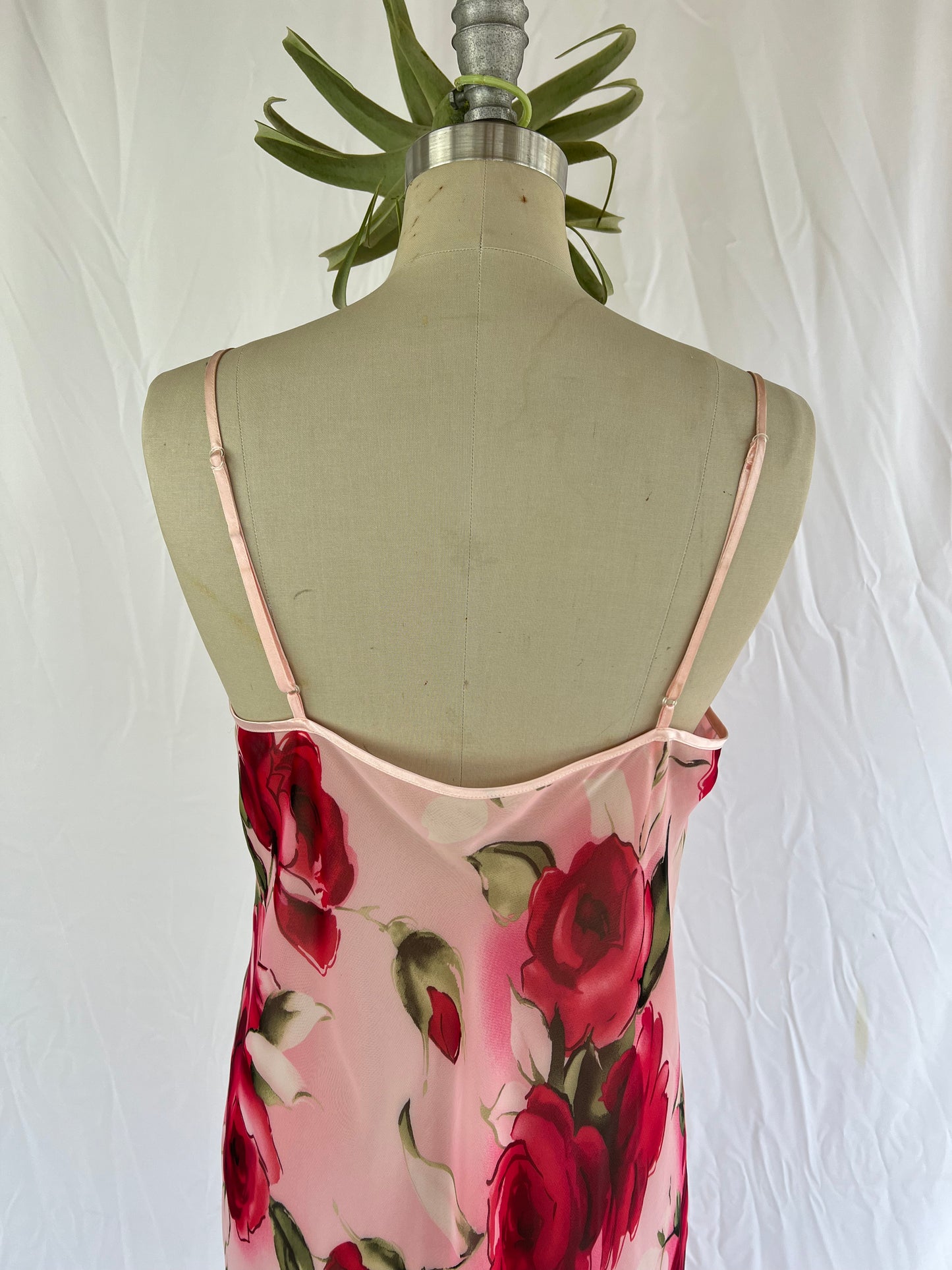 Romantic Pink Maxi Nightgown with Large Red Roses and Double Panel Chiffon