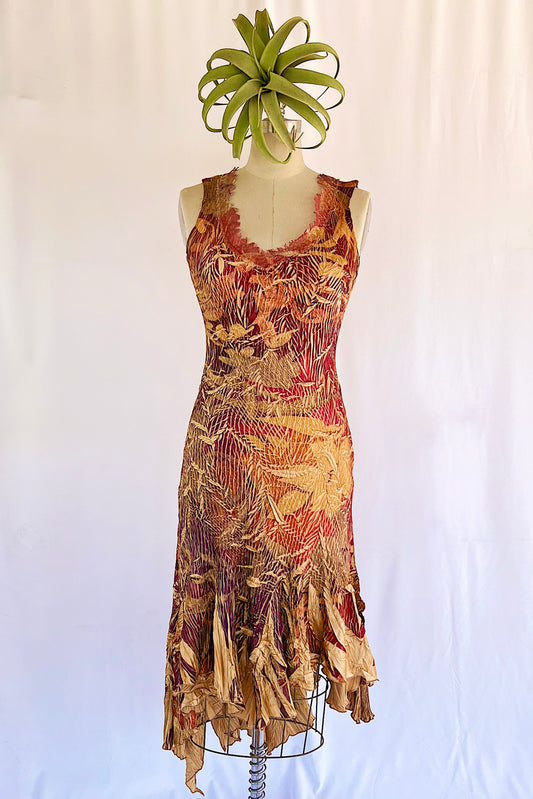 Komarov 90's Leaf Crinkle Sleeveless Handkerchief Hemline Dress