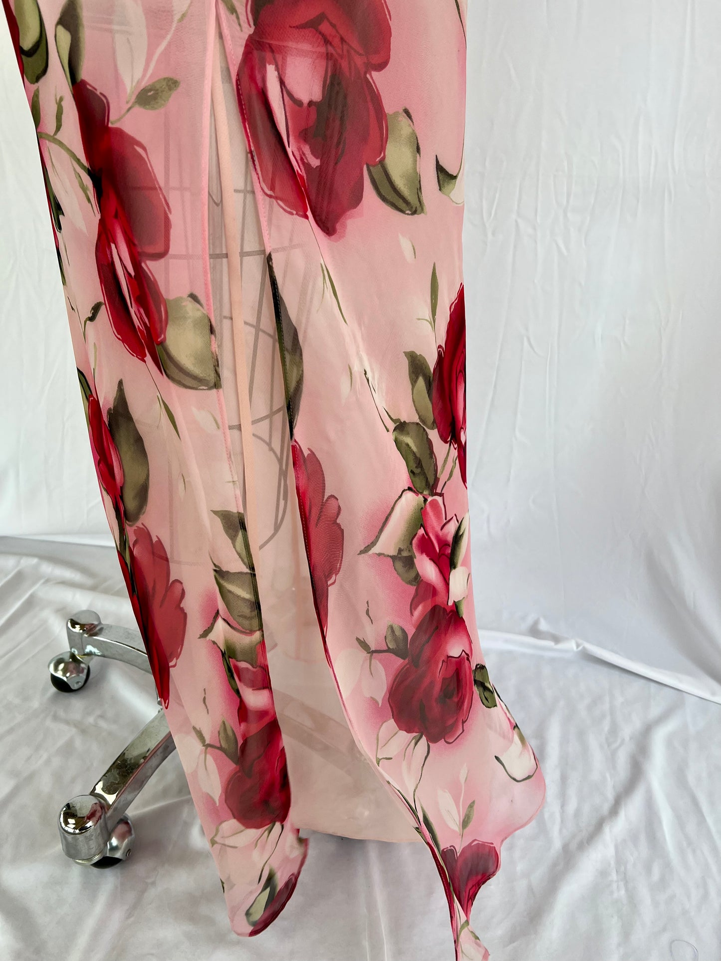 Romantic Pink Maxi Nightgown with Large Red Roses and Double Panel Chiffon