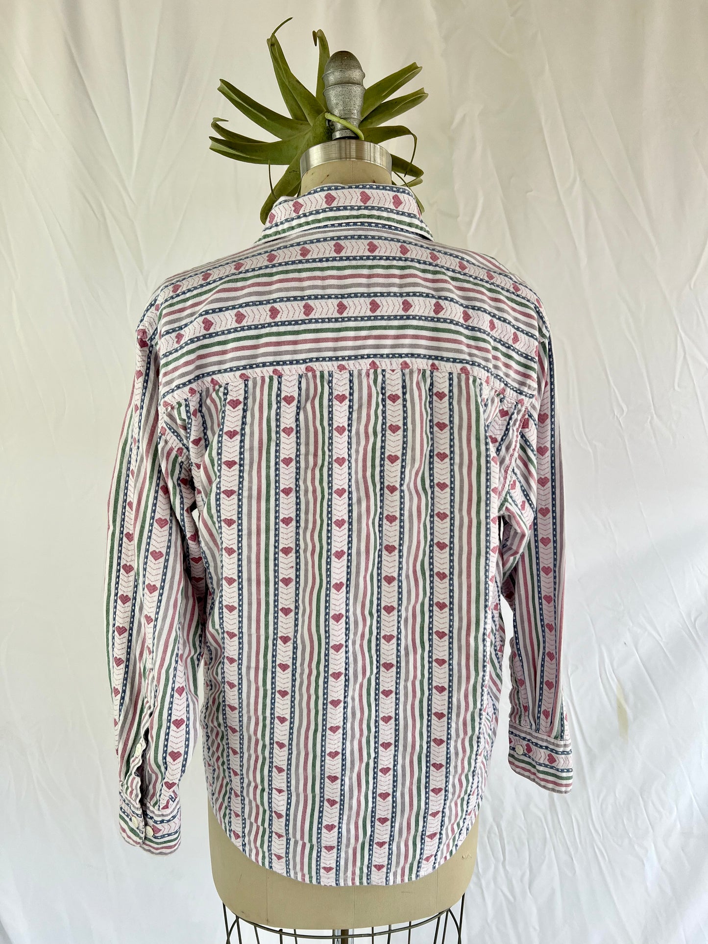 Playful 90's Striped and Heart Print Long Sleeve Button-Down Shirt by Krazy Kat