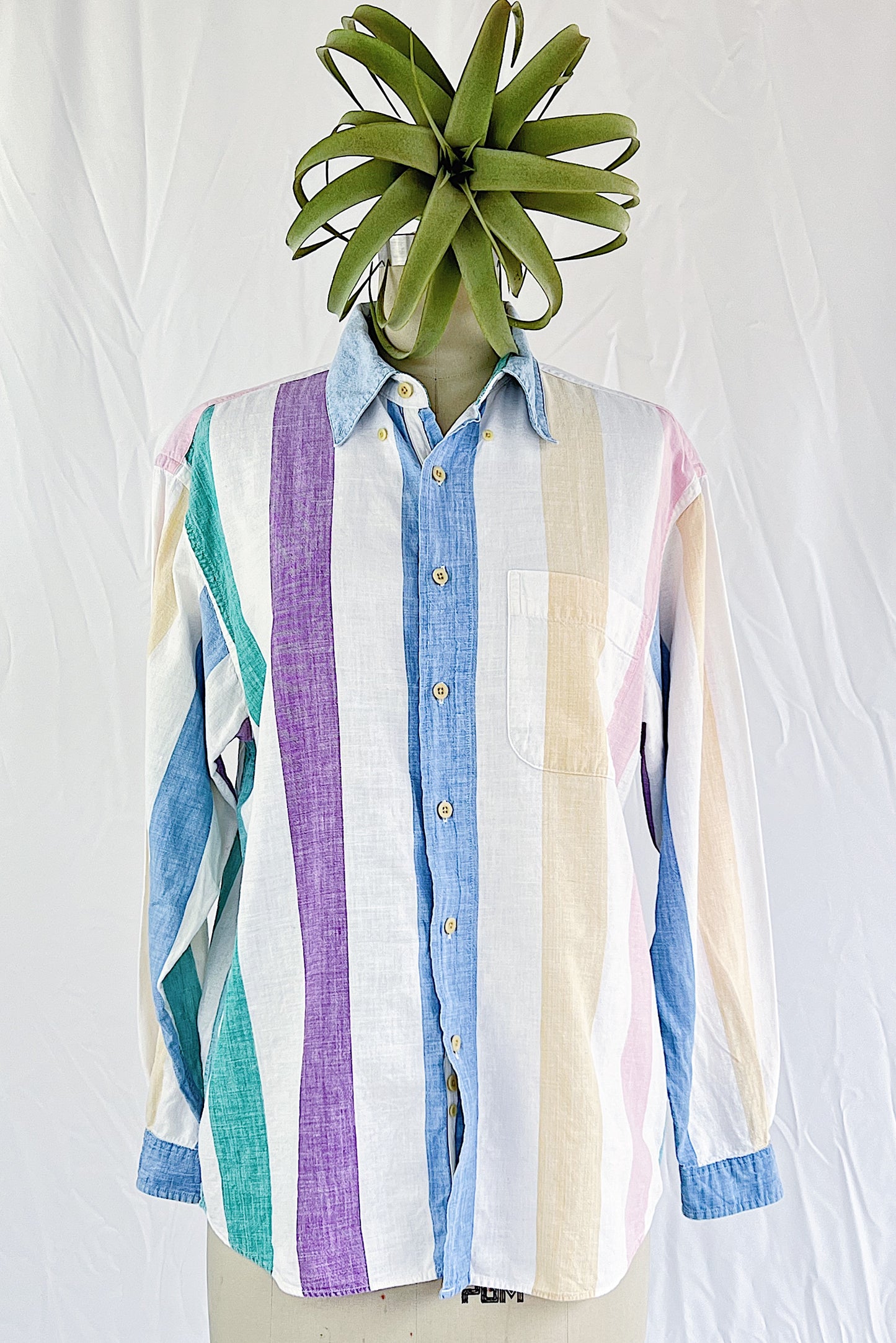 Oversized 90's Large Striped Pastel Cotton Button-Down Shirt