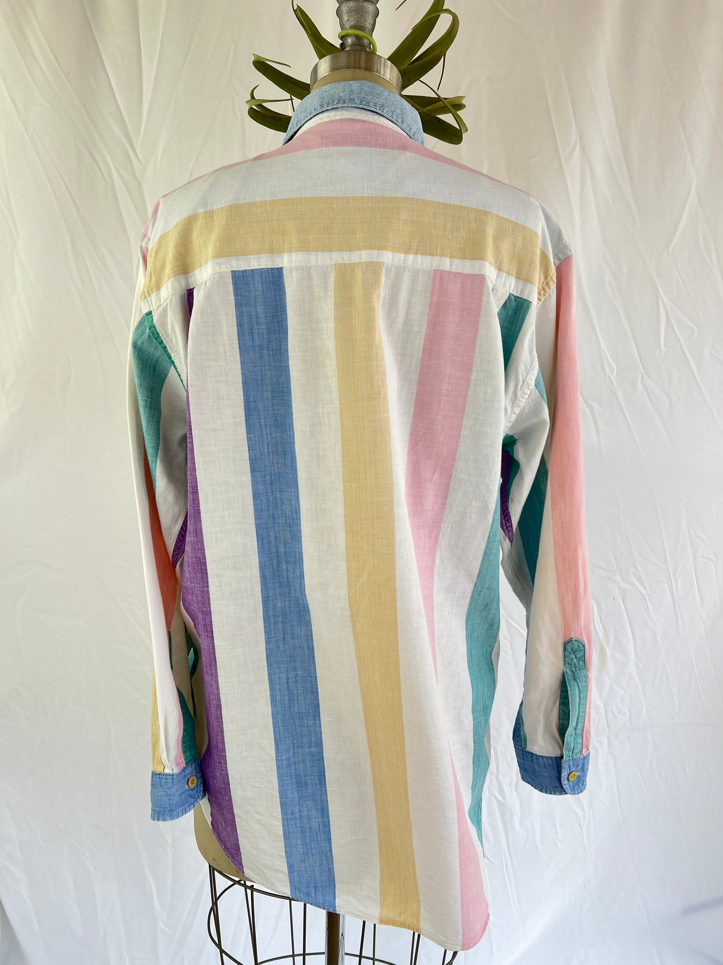 Oversized 90's Large Striped Pastel Cotton Button-Down Shirt