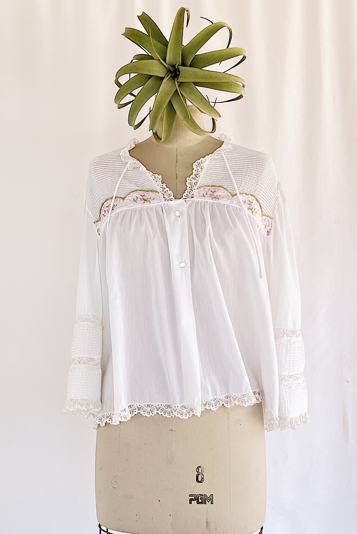 Barbizon 70's Nightgown Blouse with Embroidered Front Yoke