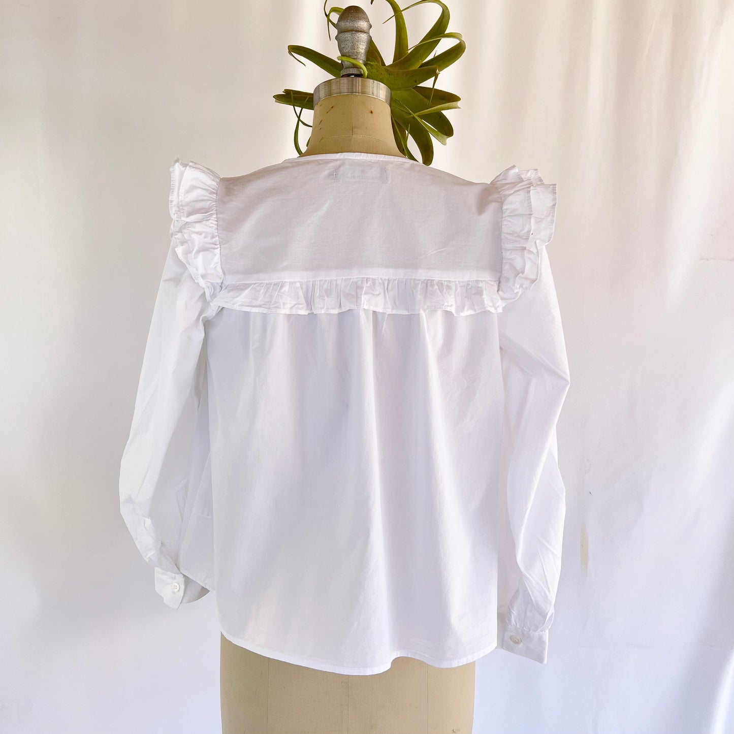 Pomander Place 100% Cotton Ruffled Shoulder Button Down Blouse