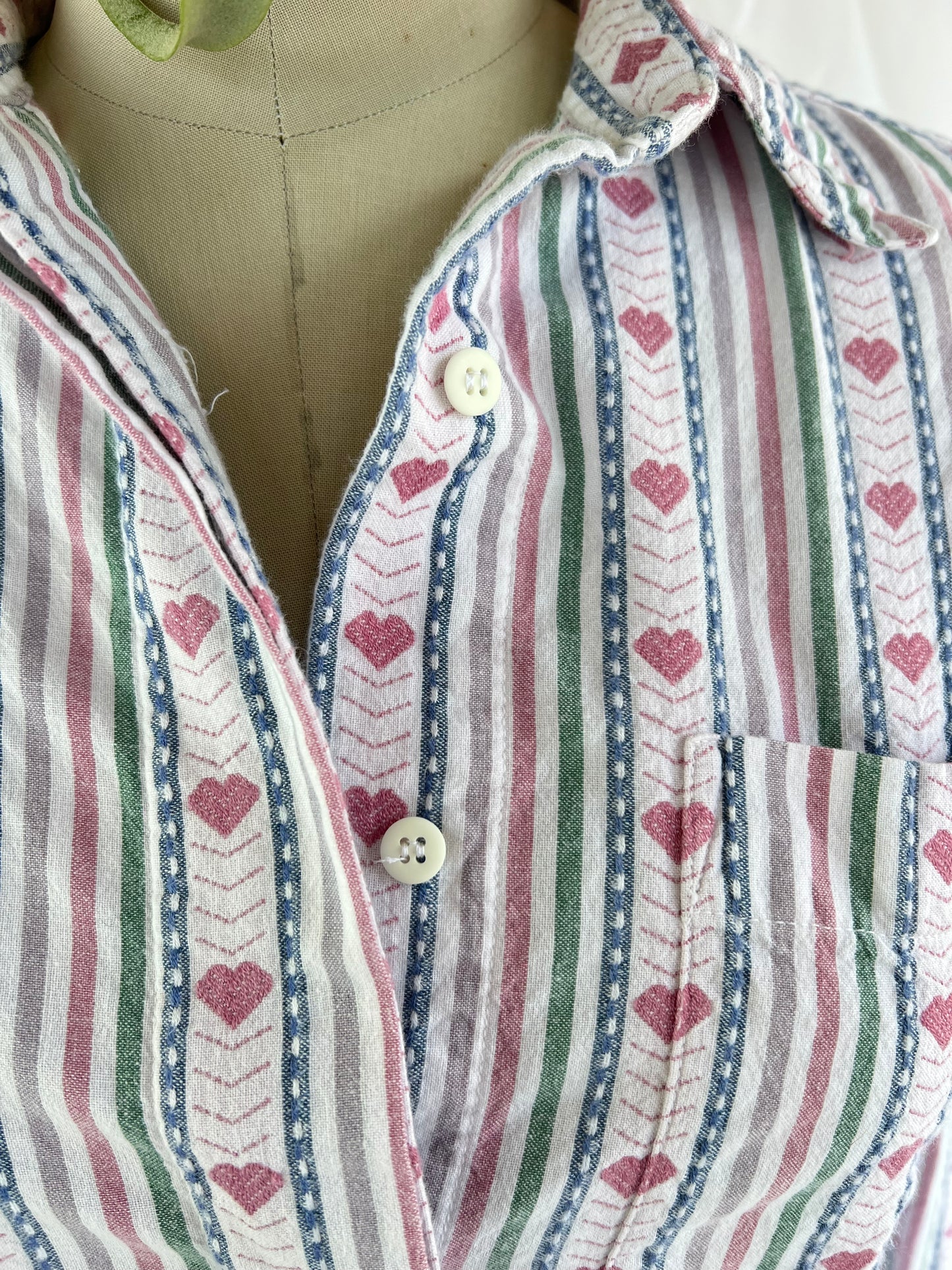 Playful 90's Striped and Heart Print Long Sleeve Button-Down Shirt by Krazy Kat