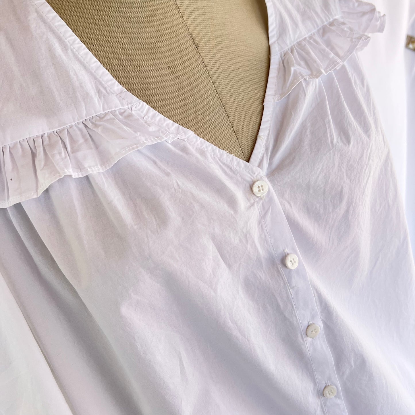 Pomander Place 100% Cotton Ruffled Shoulder Button Down Blouse