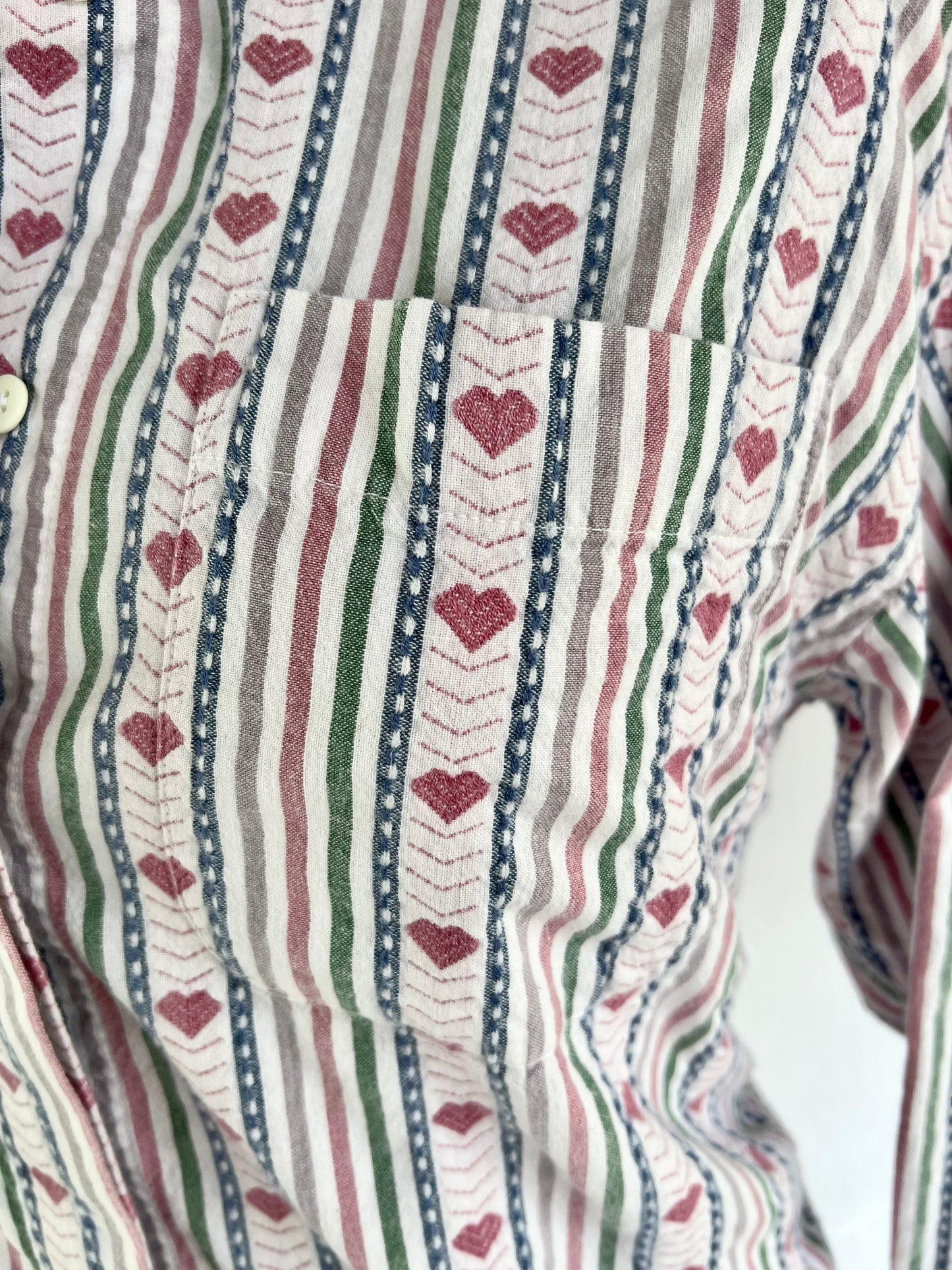 Playful 90's Striped and Heart Print Long Sleeve Button-Down Shirt by Krazy Kat