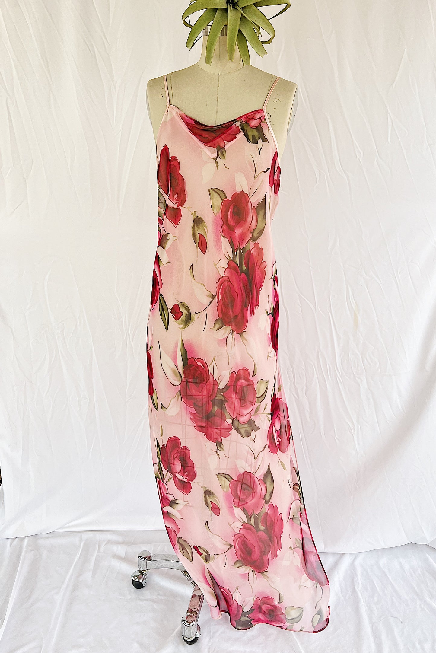 Romantic Pink Maxi Nightgown with Large Red Roses and Double Panel Chiffon